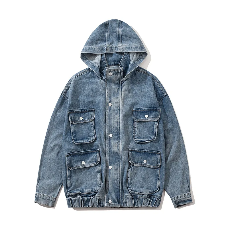Tide Brand Dark Oversizehip-Hop Jacket Male European and American Street Hiphop Multi-Pocket Hooded BF Denim Jacket Casual Comfy Layer