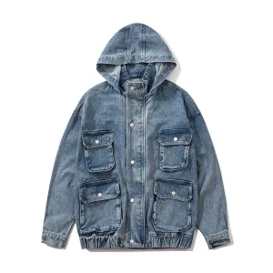 Tide Brand Dark Oversizehip-Hop Jacket Male European and American Street Hiphop Multi-Pocket Hooded BF Denim Jacket Casual Comfy Layer