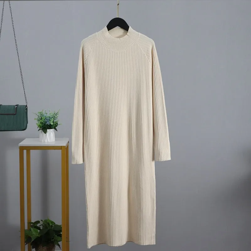 Oversized Turtleneck Women's Dress in Midi Length Earth Colors Cozy Flex