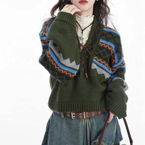 Soft Touch Retro Mori Style White Green Sweater For Women