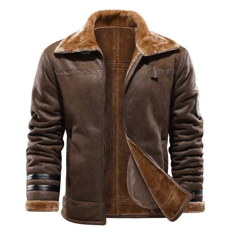 Fur Leather Jacket plus Velvet Padded Large Lapel Coat Packable Construction