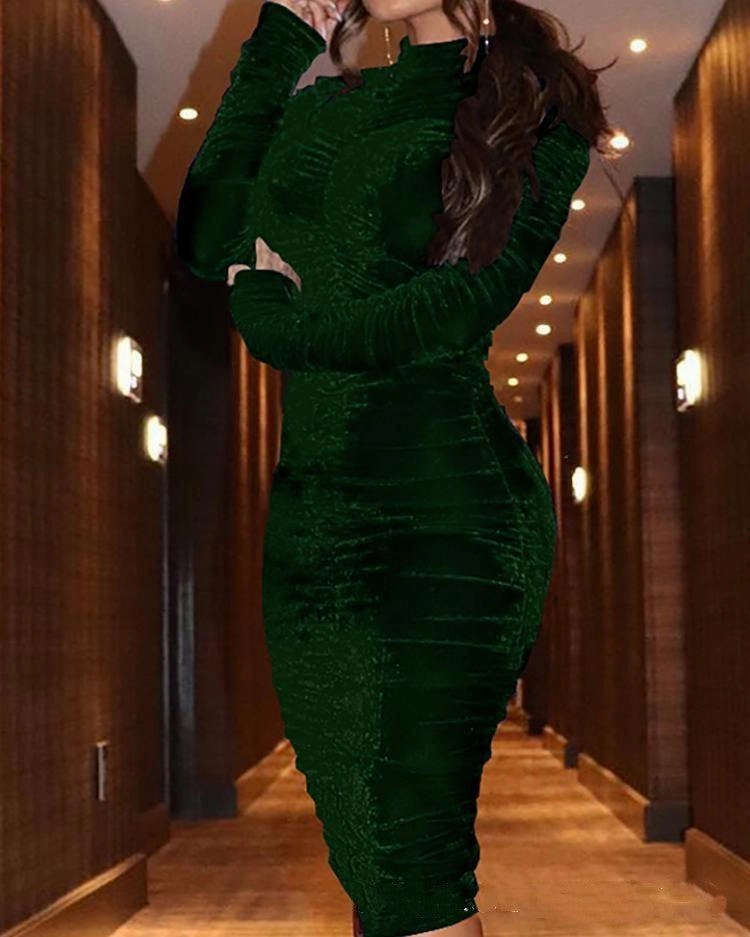 Gold velvet dress with high pleated stretch buttocks Elegant Layers Urban Style