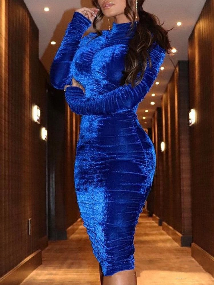 Travel-Style Gold velvet dress with high pleated stretch buttocks