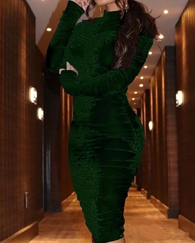 Gold velvet dress with high pleated stretch buttocks Elegant Layers Urban Style