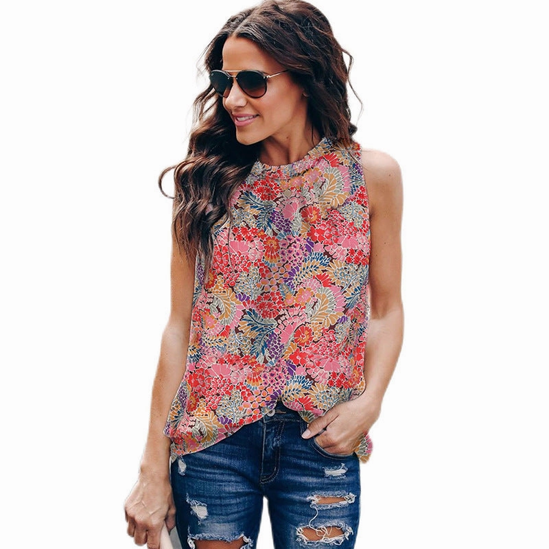 Streetwear Fitted Shape Floral Print Pullover Vest For Women Summer Round Neck Sleeveless Ruffle Top Women