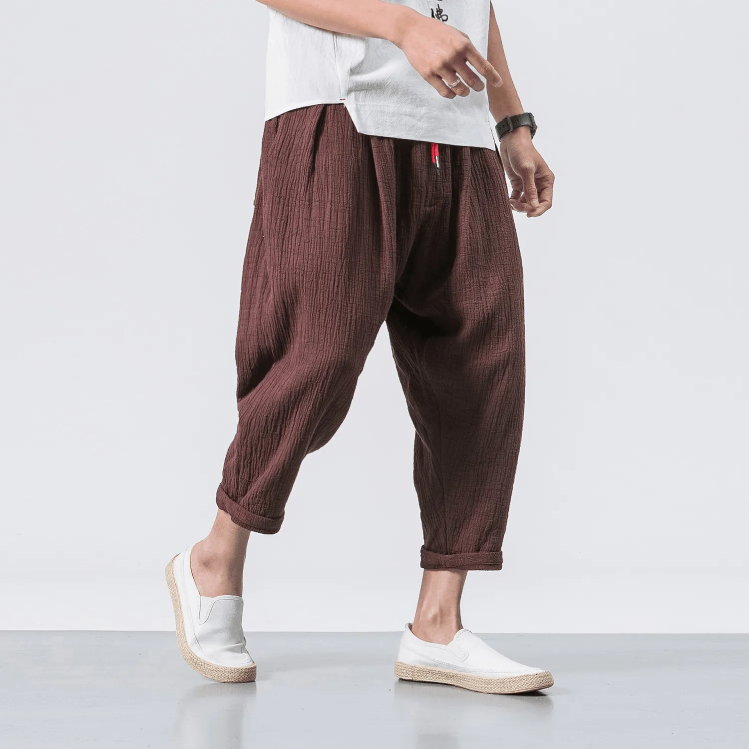 WaterproofTechnology Adjustable drawstring Chinese Style Cotton and Linen Men'S Casual Trousers