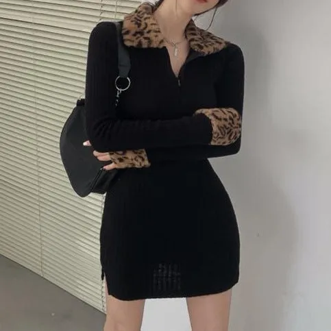 New Leopard Print Long Sleeve Padded Dress Women Event Glow V-Neck