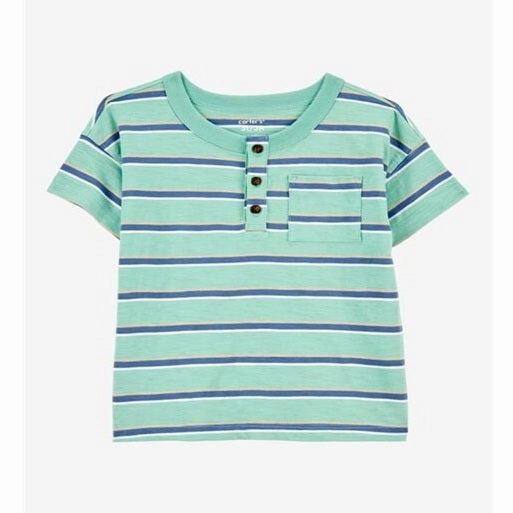 Comfortable Fabric Toddler Striped Cotton Blend Short-Sleeve Henley - Green 2S817910-300