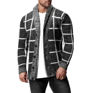 Men'S Winter Color Matching Plaid Cardigan Sweater Everyday Knit