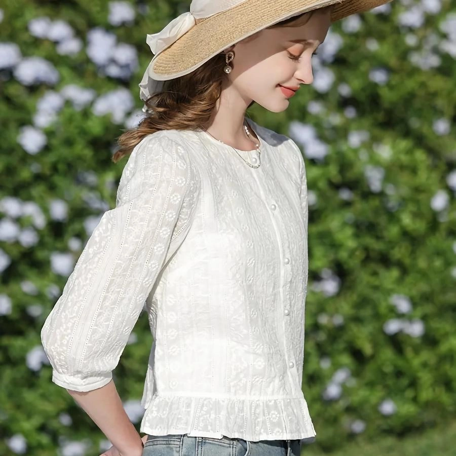 Modern Fit BBQ Party Elegant French Style White Cotton Puff Sleeve Blouse