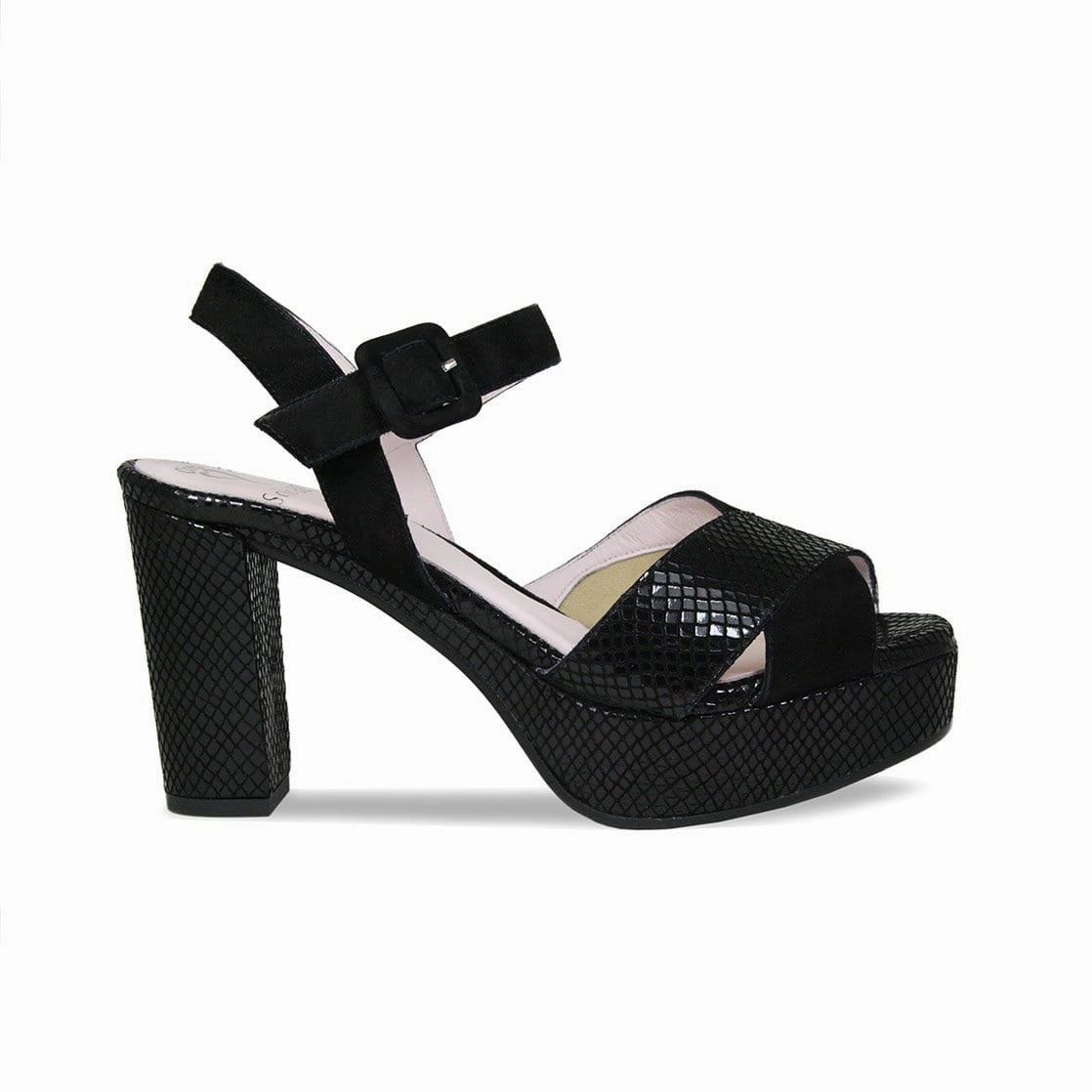 Ruby: Black Suede & Snake Print Leather Sustainable Soles Hydrophobic Treatment