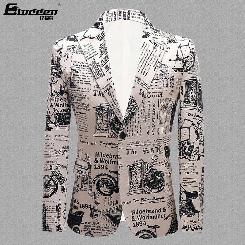 Personality Newspaper Printed Costume For Men DroppedShoulderDesign UniversalFit