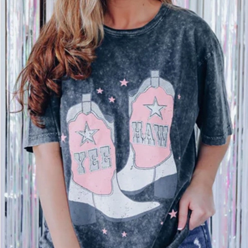 Active Lifestyle Breathable Lining Personality Solid Color Printing Retro Pullover Round Neck Mid-length Short Sleeve Women