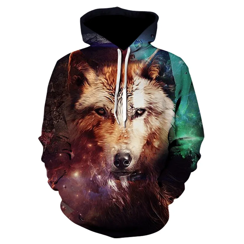 Street Cool 3D Colorful Wolf Print Hooded Pocket Sweatshirt