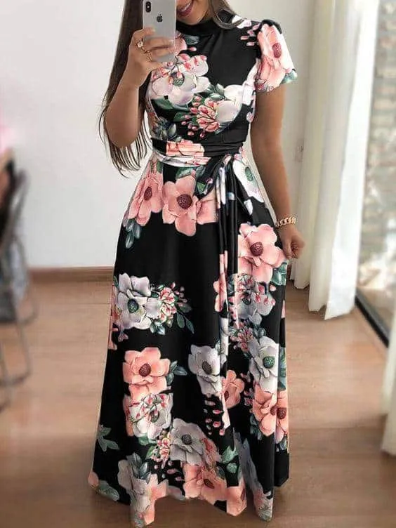 Women's Rose Printed Maxi Party Dress Fall Style