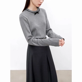 Chilly Days Wear Cold Weather Petite Simple Wool Knitted Sweater with Bow Detail
