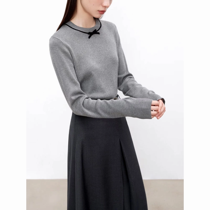 Chilly Days Wear Cold Weather Petite Simple Wool Knitted Sweater with Bow Detail