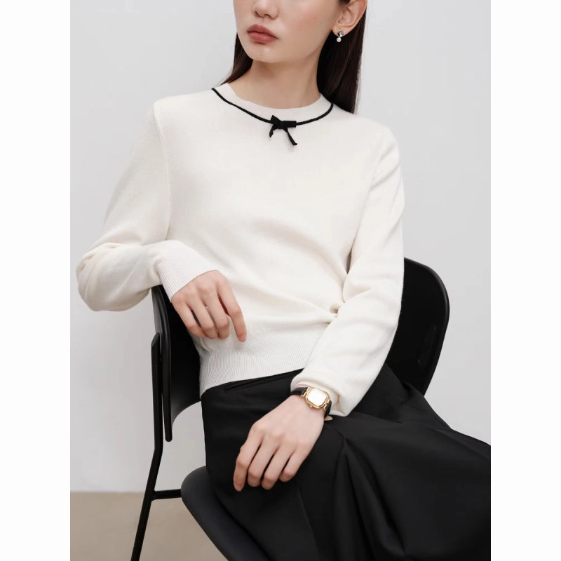 No Ride Up Soft Knit Wear Petite Simple Wool Knitted Sweater with Bow Detail