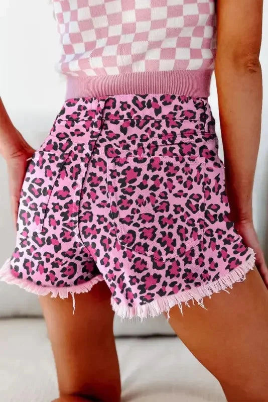 Pink Leopard Denim Shorts water sports gear Hypoallergenic Textile