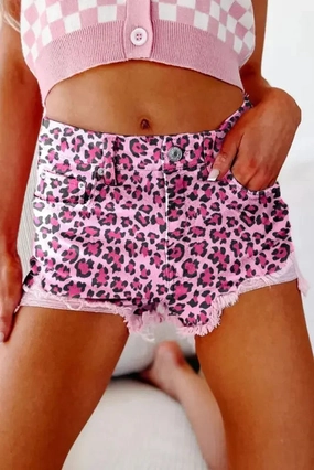 Pink Leopard Denim Shorts housewarming gift Multi Pocket Design