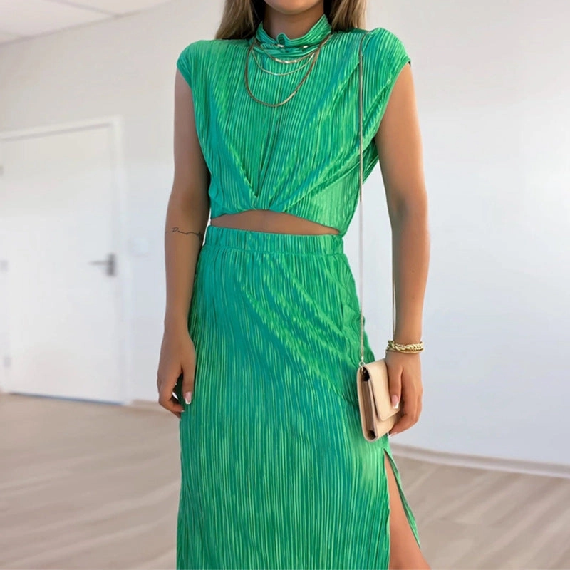 Pleated Half Turtleneck Short Shirt High Waist Mid-length Skirt Two-piece Set Relaxed Basic