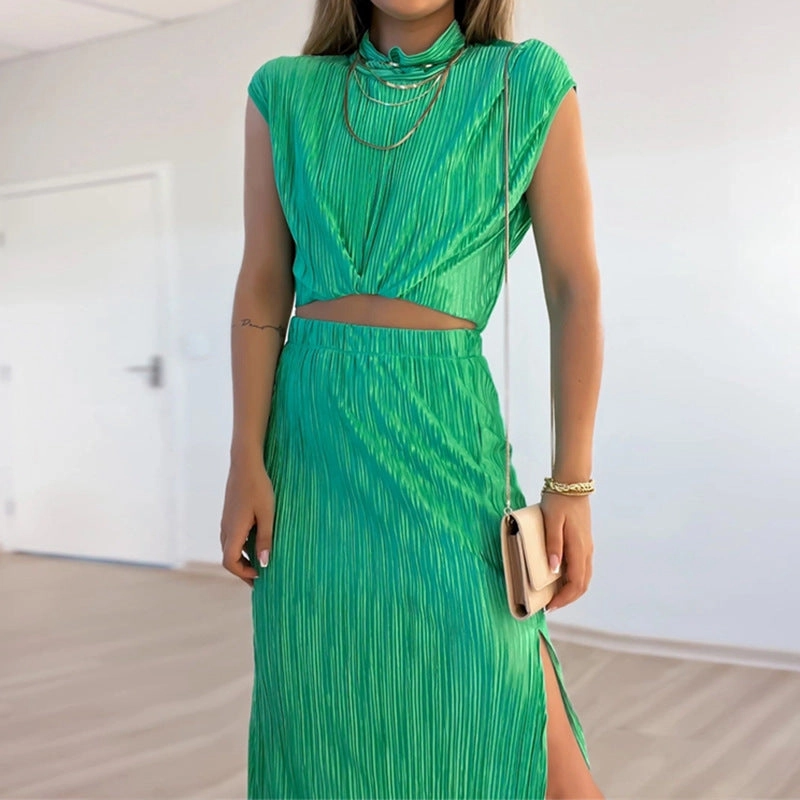 Premium Dynamic Gym Elegant Pleated Half Turtleneck Short Shirt High Waist Mid-length Skirt Two-piece Set