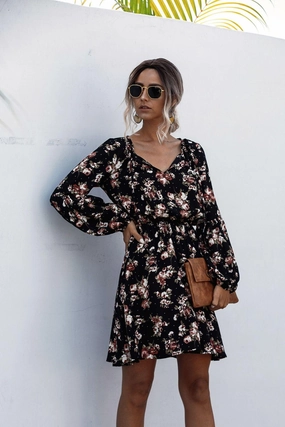 Polka dot flower bubble lantern sleeve dress Edgy-Look Breezy Style