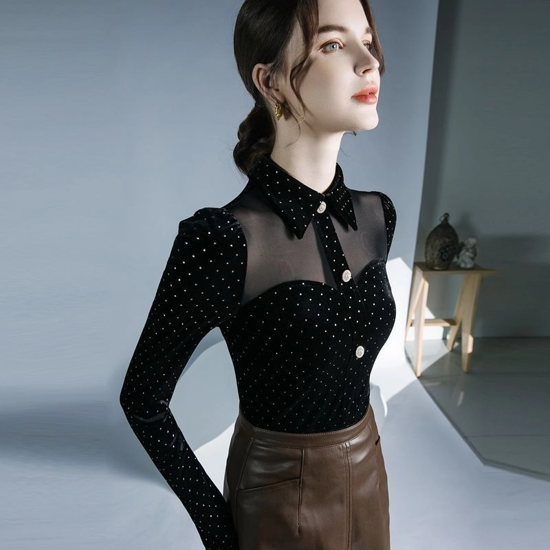 Polished Placket Essential Layer Polka Dot Shirt Women's Vintage Doll Collar Velvet Long Sleeves