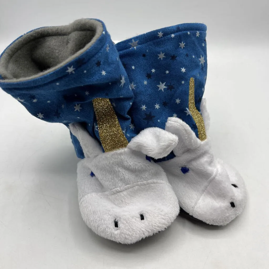 Size 18-24m: Beaneroobaby Blue/White Fuzzy Sparkly Unicorns Pop-Up Soft Sole Booties-NEW Street cushioning
