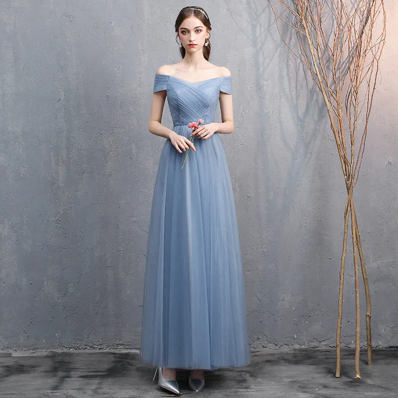 Women's Spring Gray-blue Off-shoulder Banquet Dress Sleek Texture