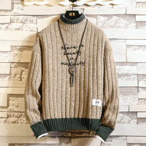 Long Sleeve Thick Half High Neck Letter Pullover Sweater for Men product birthday joy