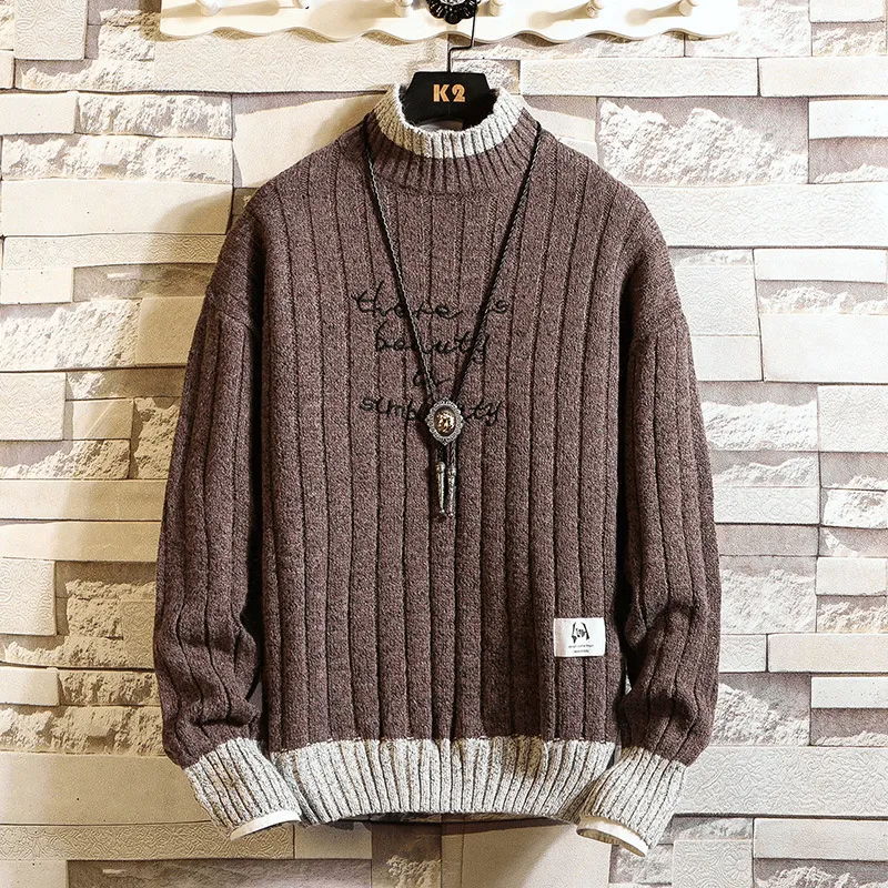Cold Day Wear Long Sleeve Thick Half High Neck Letter Pullover Sweater for Men