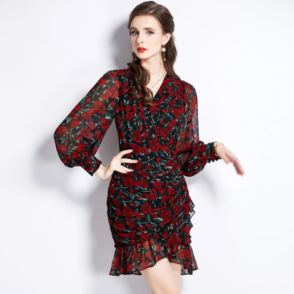 Relax Motion Printed Chiffon Fishtail Dress Women