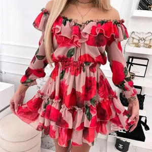 Printed One-Shoulder Fungus Edge Cake Dress Drawstring-Closure