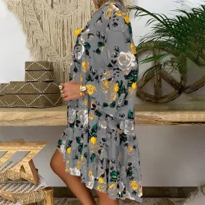 Printed V-neck button ruffled loose dress Classic Layer