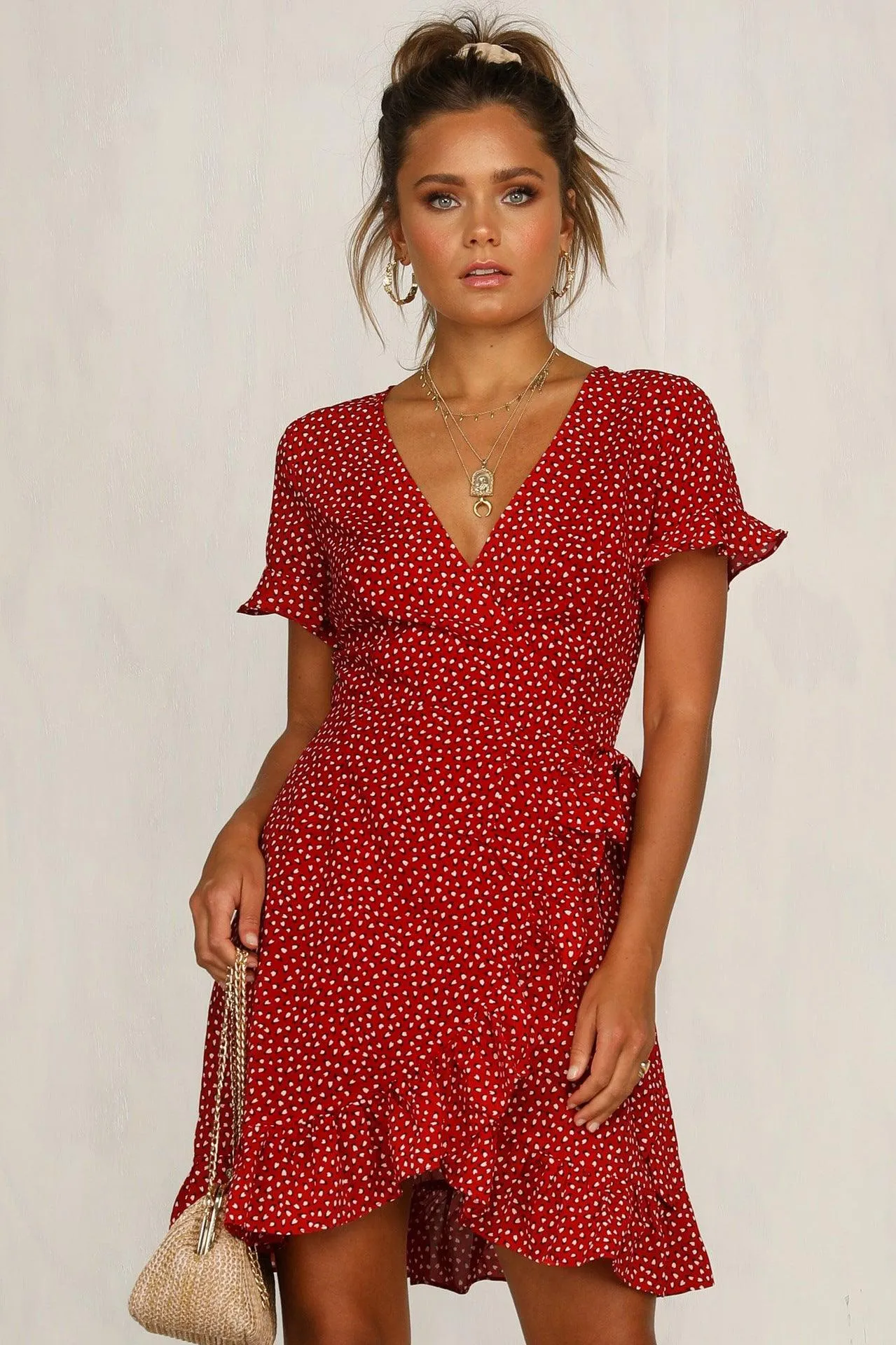 Printed V-neck lace-up ruffled dress Minimal Core Classic Appeal