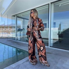 Printed Cropped Sleeve Cardigan Wide Leg Pants Suit Charming Youth Cozy Dancer