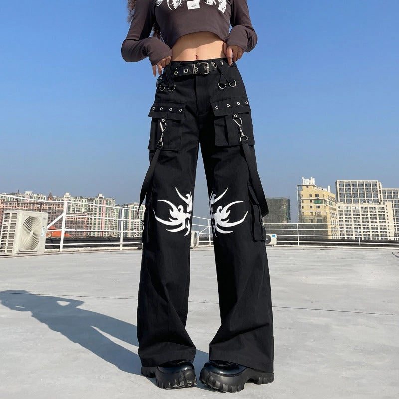Layer Ready Workwear Ready Printed Dark Woven Pants Street Hip-Hop Ribbon Wide-Leg Pants Casual Pocket Trousers