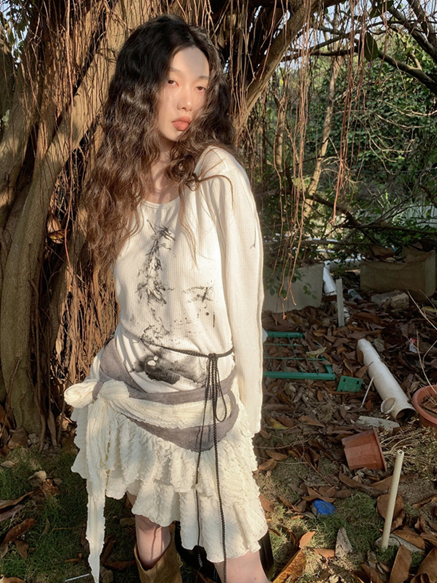 Modern Charming Loose Flexible Printed Knitted T-shirt High Waist Short Irregular Skirt Two-piece Set