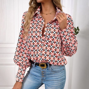 Printed Women's Long-sleeve Shirts Stretch Material Reinforced Collar
