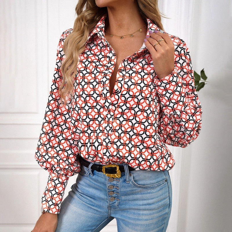 Printed Women's Long-sleeve Shirts Stretch Material Reinforced Collar
