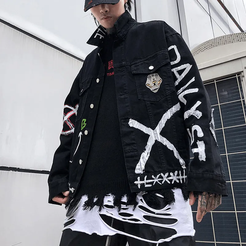 Printing Black Denim Jacket Men'S Autumn and Winter Trend Handsome Cardigan Jacket Flexible Zipper Guards