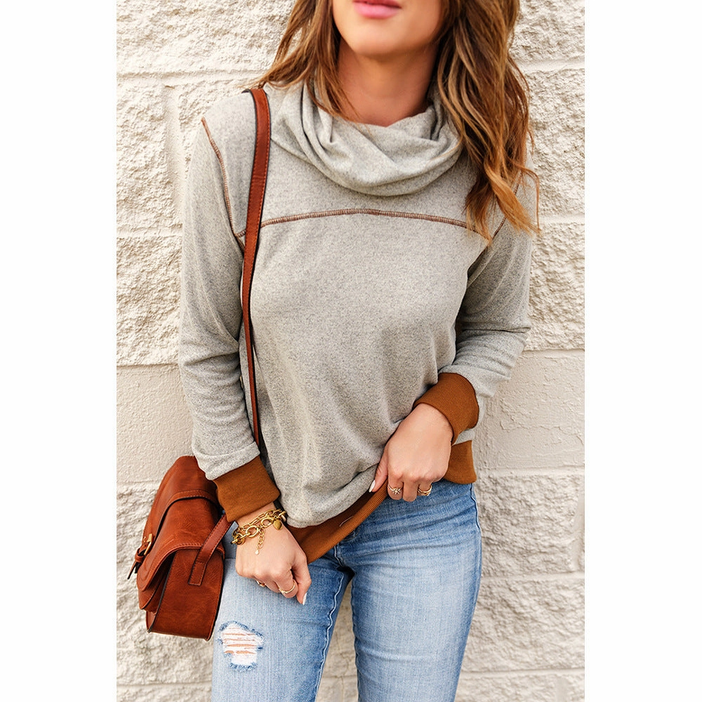 Pullover Contrasting Color Sweatshirt With Topstitching Stretch Blend Fabric