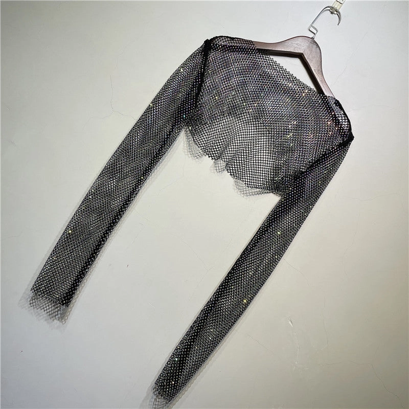 Sports Ready Pullover Long Sleeve With Suspender Skirt Small Shirt Elegant Rhinestone Top Women's Fashion