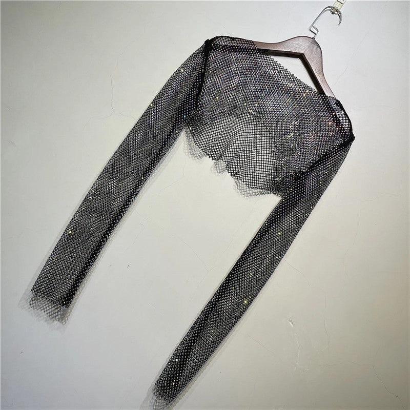 Pullover Long Sleeve With Suspender Skirt Small Shirt Elegant Rhinestone Top Women's Fashion Resort Wear