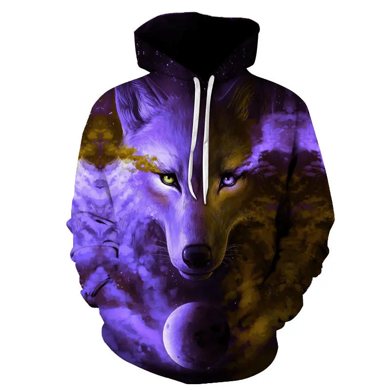 Casual Elegance Daily Comfort Purple Series Wolf 3D Digital Printing Wolf Hooded Casual Sweater