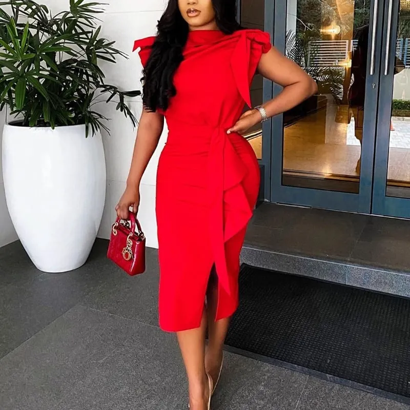 Glam Touch Women's Red Sleeveless Bodycon Dress