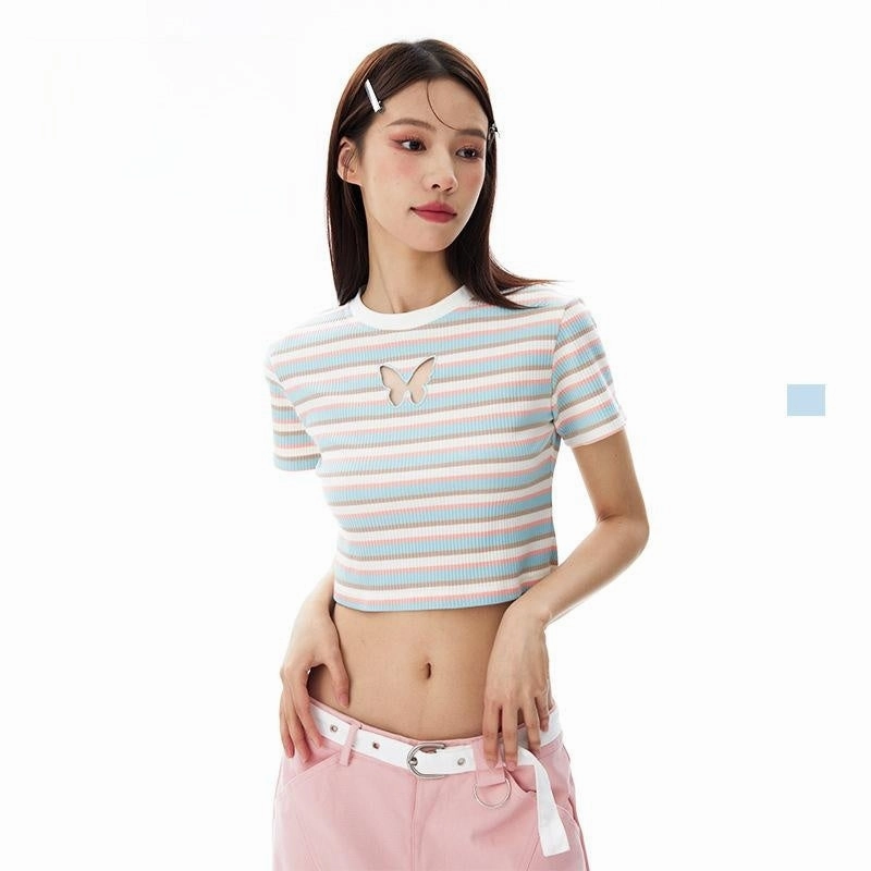Festival Outfit Roll-Up Sleeve Slimming Special-interest Fashion Brand Striped Short Sleeve Butterfly Design Short T-shirt