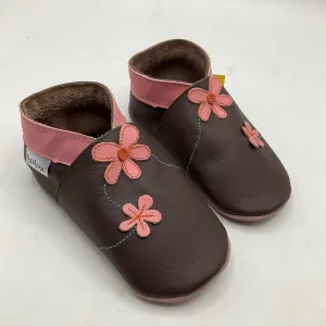Size XL (21-27m): Bobux Soft Sole Brown Pink Flower Leather Baby Shoes NEW entertaining