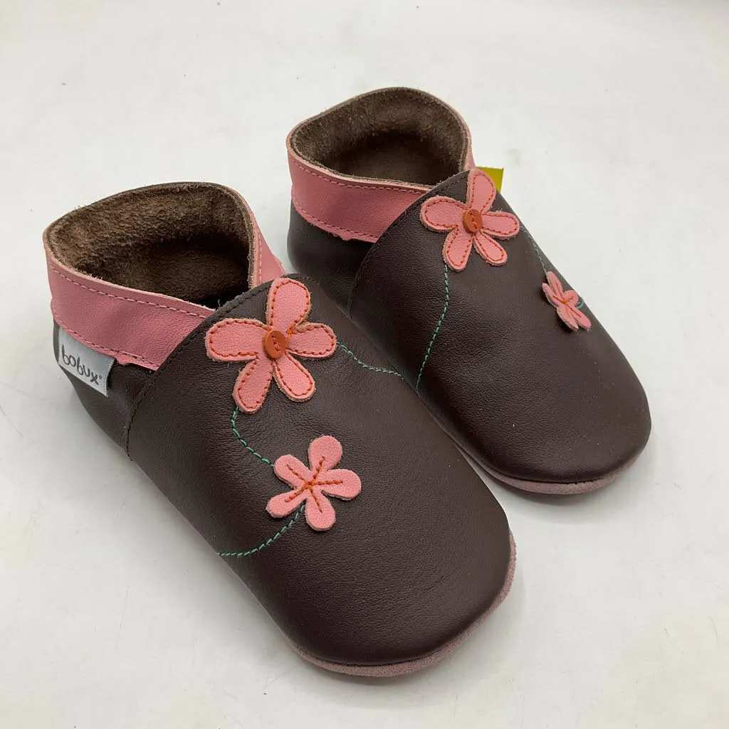 Size XL (21-27m): Bobux Soft Sole Brown Pink Flower Leather Baby Shoes NEW entertaining
